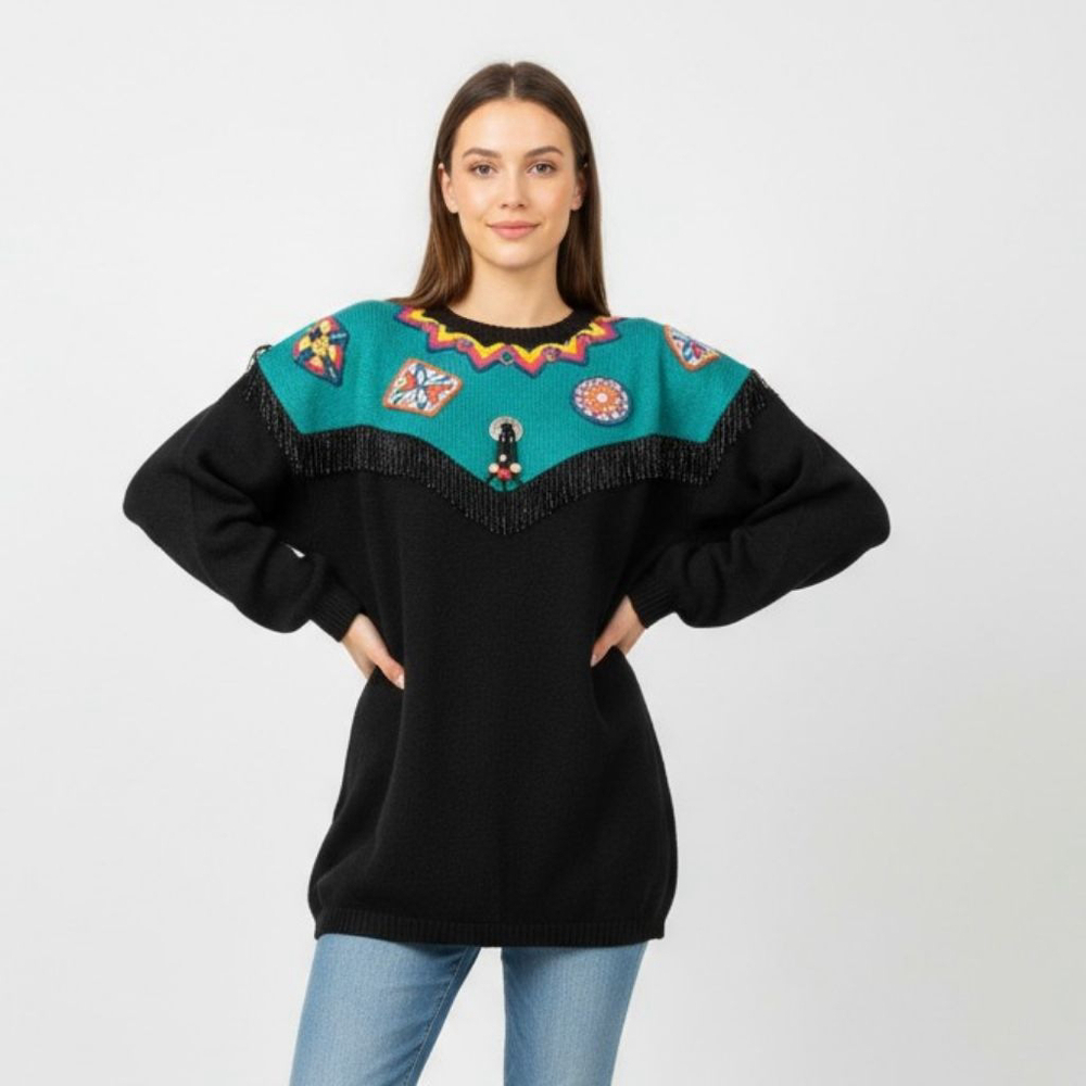 Carole Little Vintage Black Teal Beaded Aztec Sweater - Large